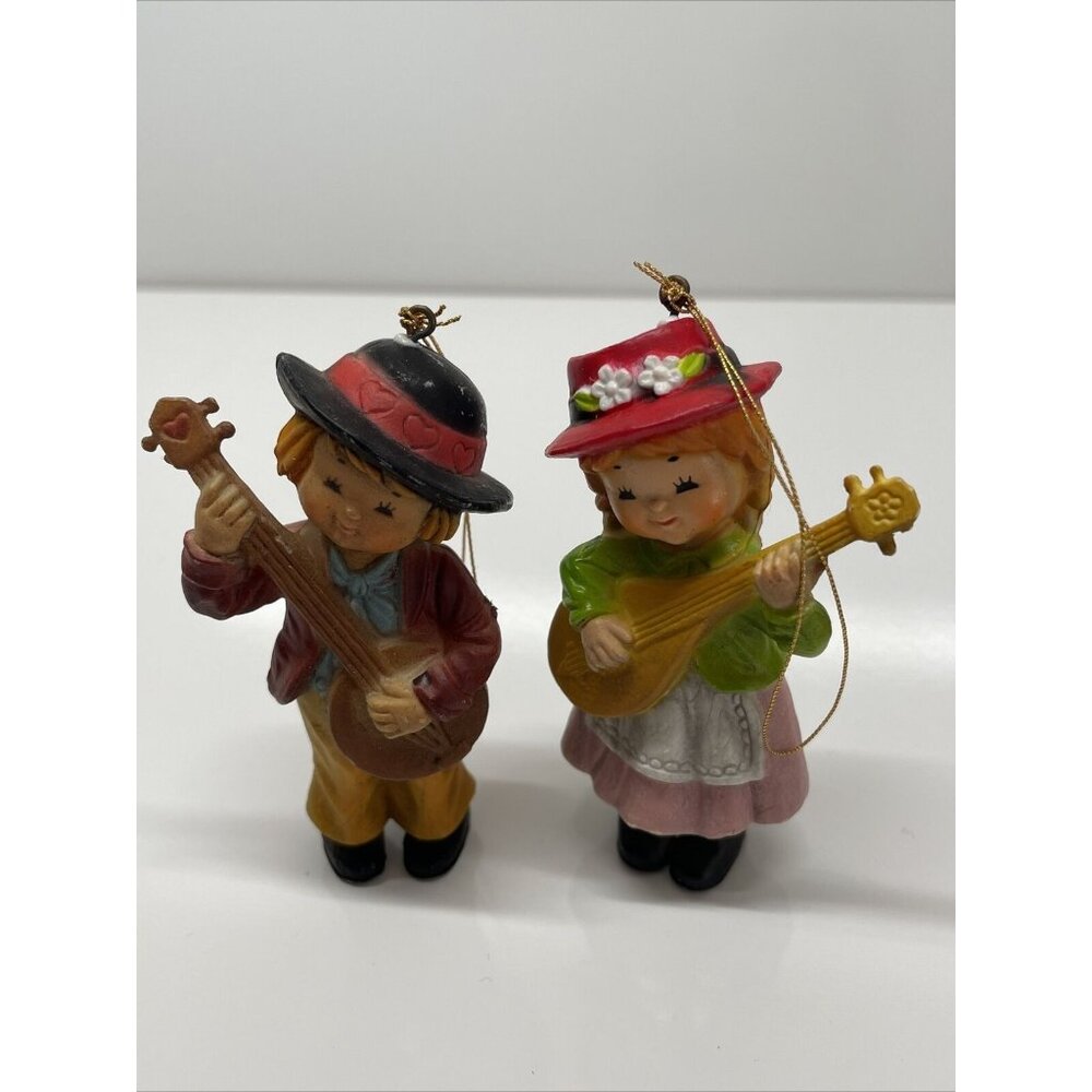 Bradford Boy and Girl Christmas Ornaments playing string instruments Vintage Box